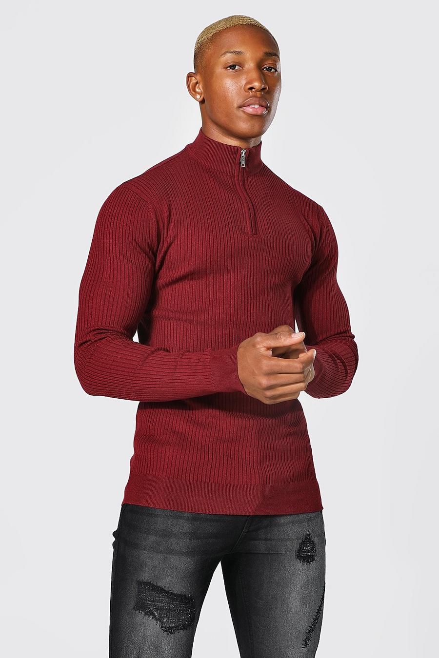 Burgundy Ribbad tröja med dragkedja i muscle fit  image number 1