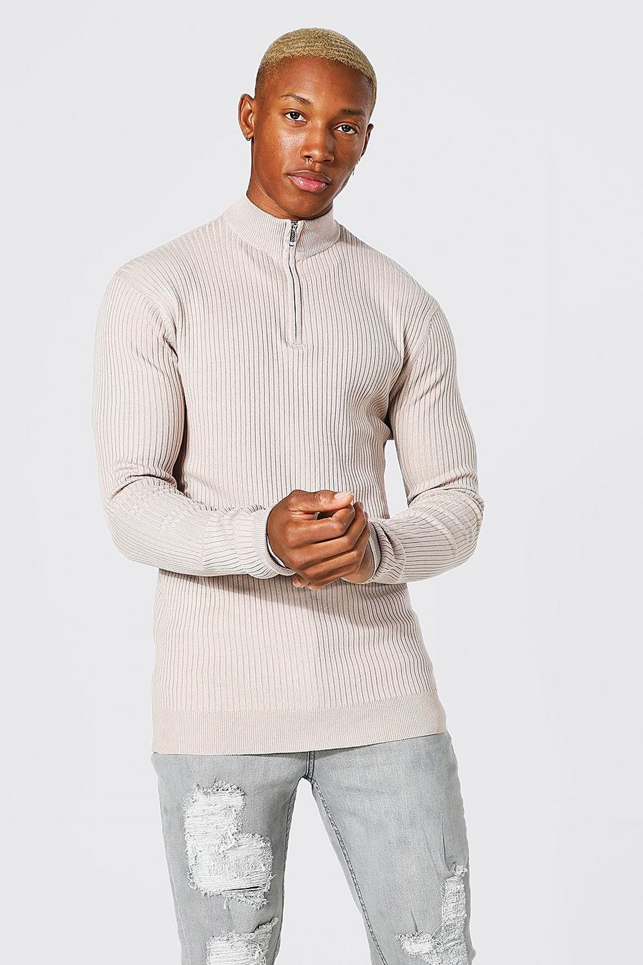 Taupe Muscle Funnel Neck Zip Rib Jumper image number 1