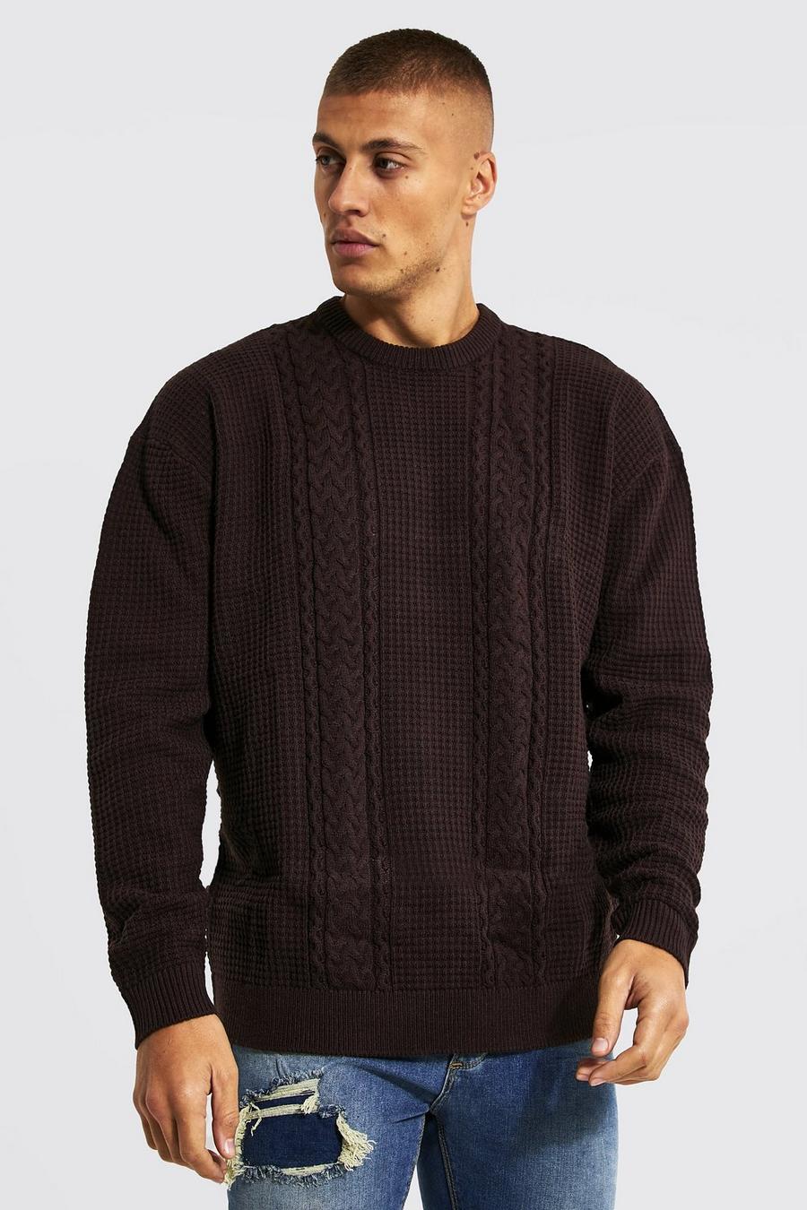 Chocolate brown Oversized Crew Neck Cable Jumper