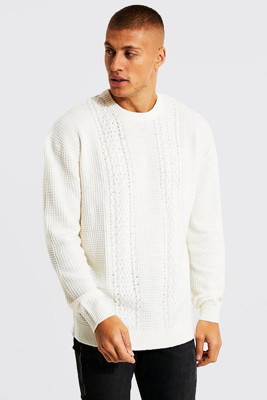 Oversize Rundhals-Pullover mit Zopfmuster, Cream image number 1