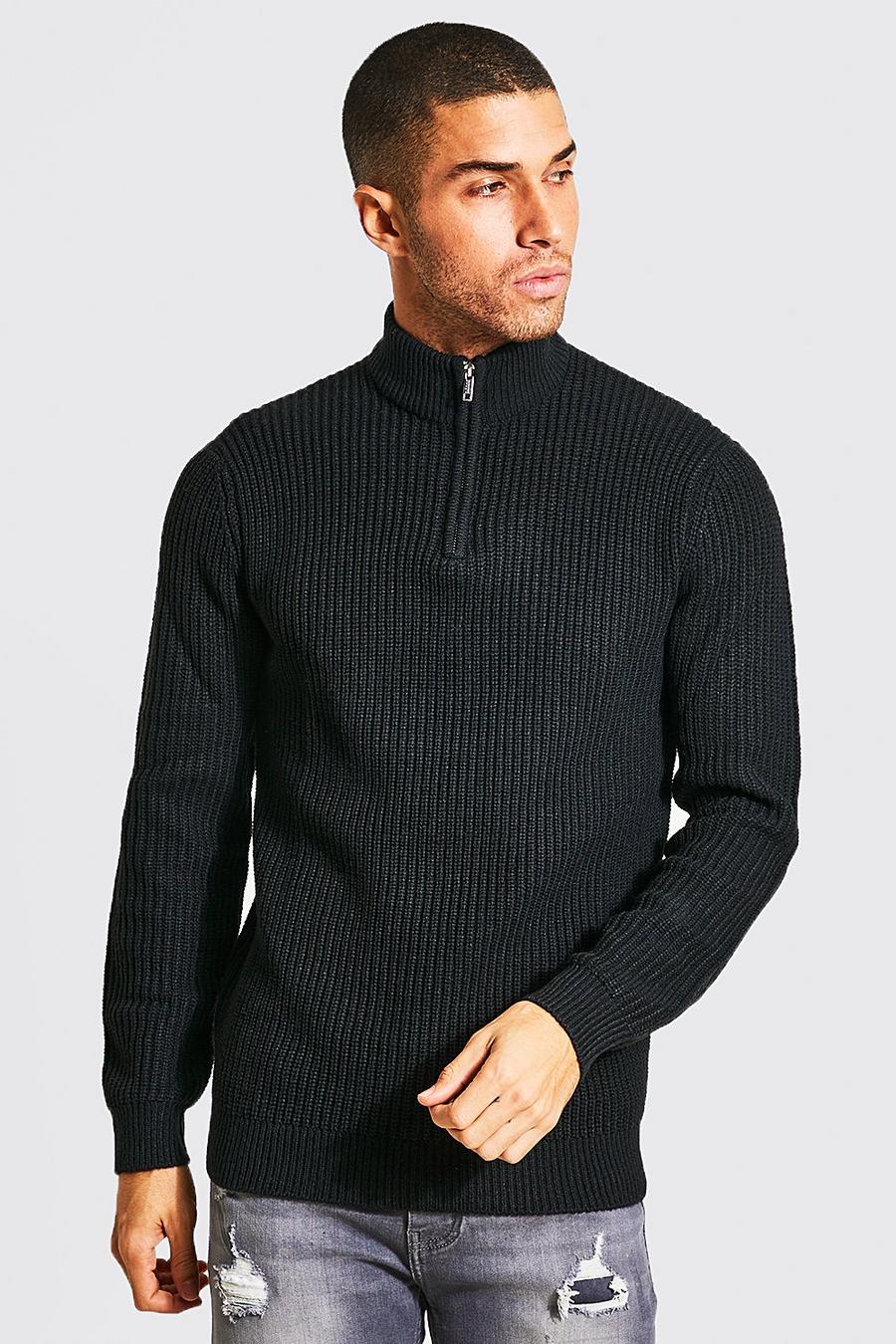 Black Recycled Funnel Neck Half Zip Chunky Jumper
