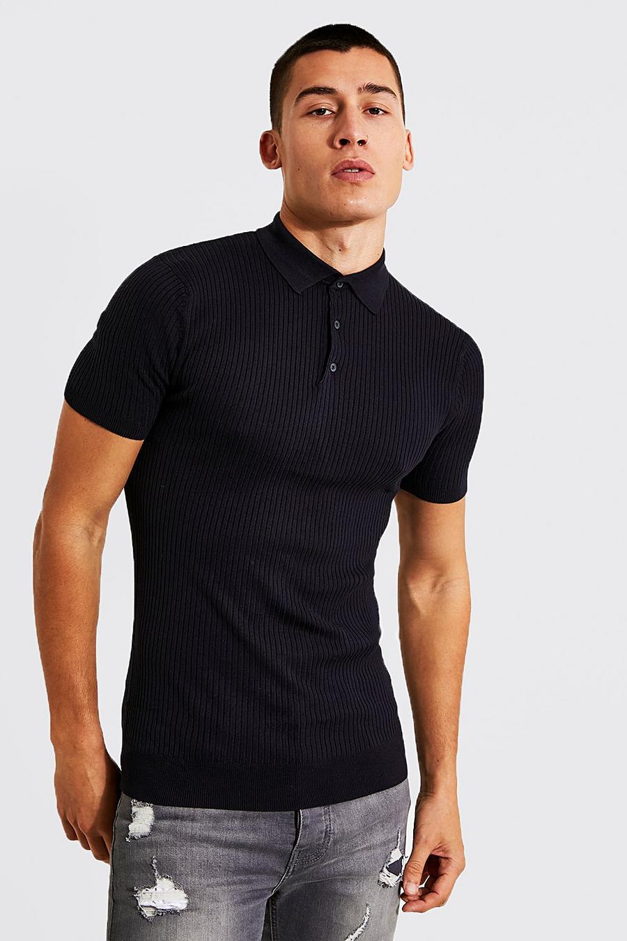 Navy Muscle Short Sleeve Ribbed Polo image number 1