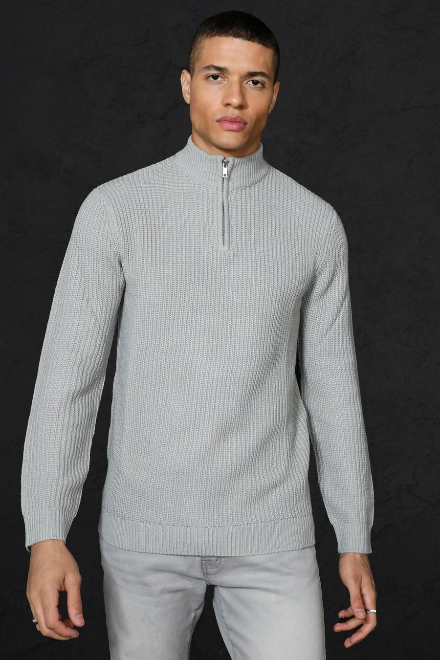 Grey marl Recycled Funnel Neck Half Zip Chunky Jumper
