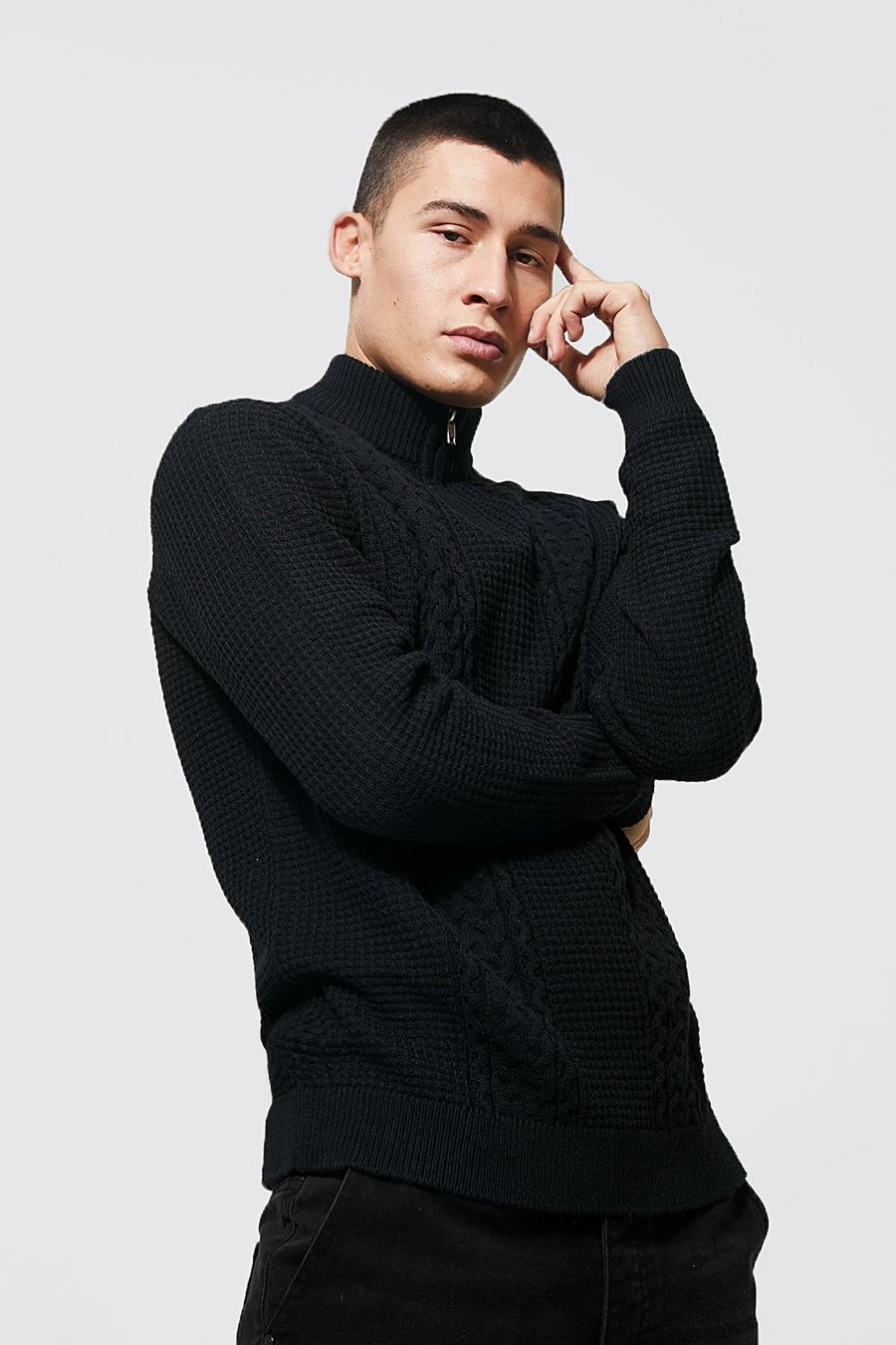 Black Funnel Neck Zip Chunky Cable Jumper