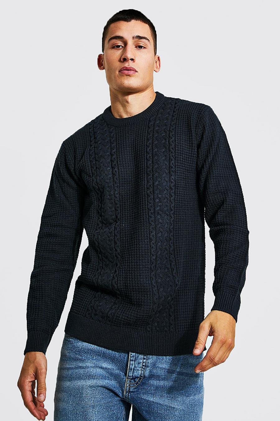 Navy Recycled Regular Crew Neck Cable Jumper