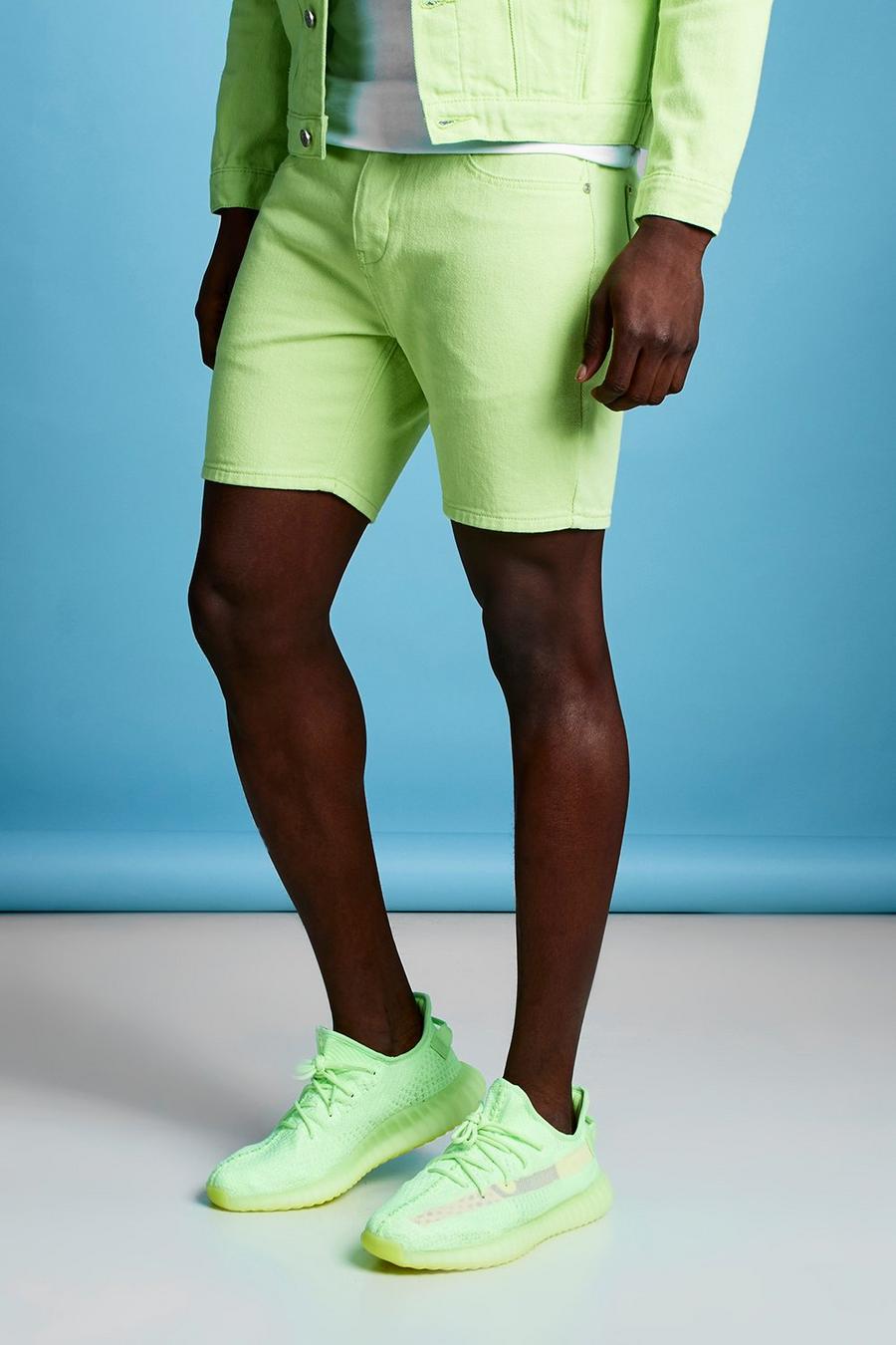 Pantaloncini slim fit in denim fluo di color lime, Lime fluo image number 1