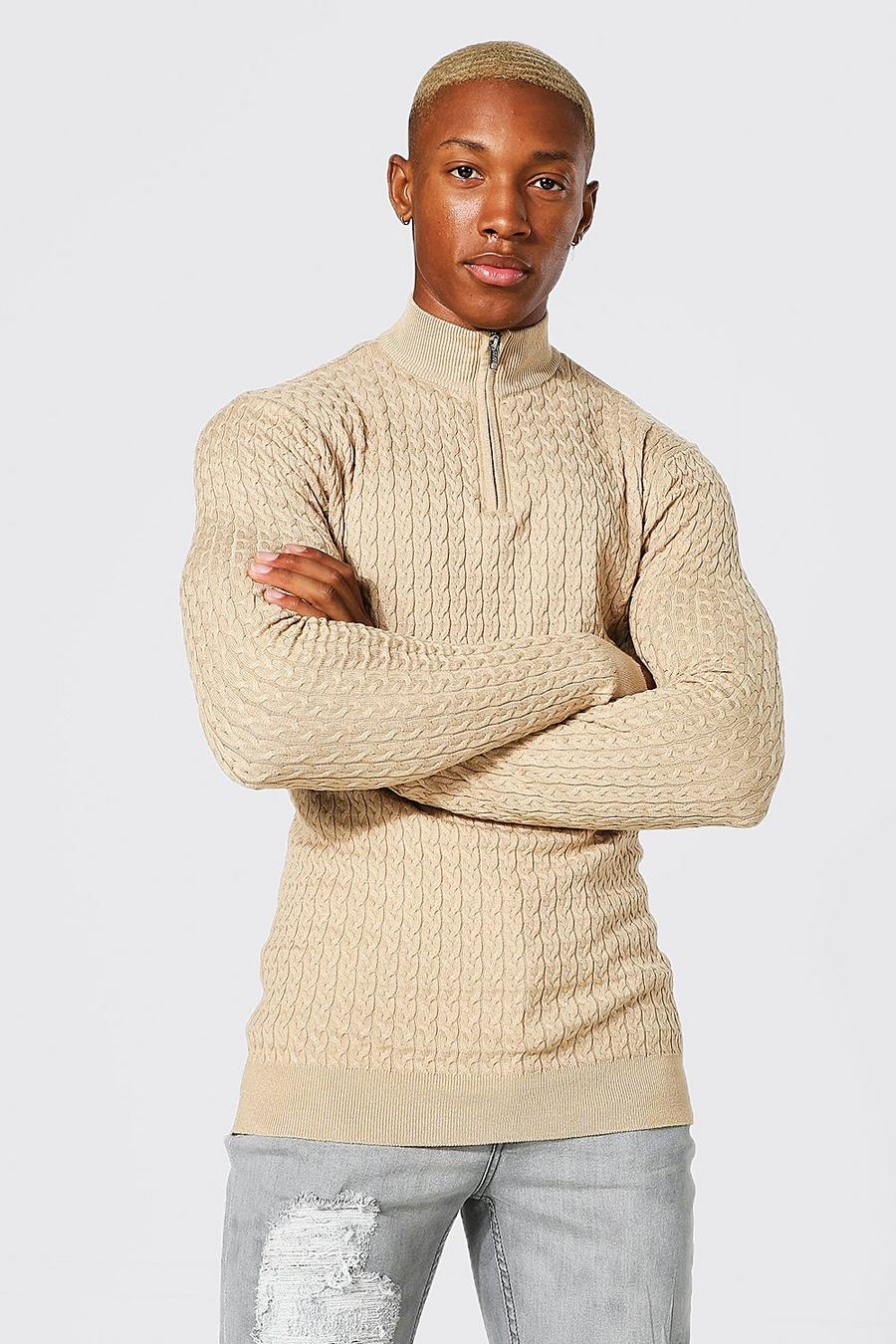 Camel Muscle Funnel Neck Zip Cable Jumper image number 1