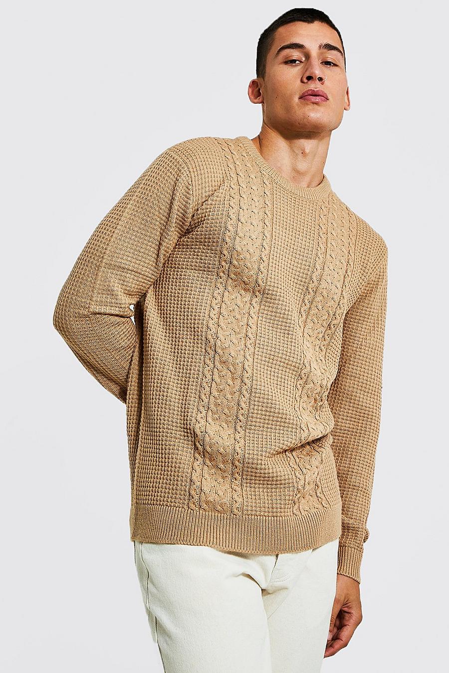 Recycelter Zopfmuster-Pullover mit Rundhals-Ausschnitt, Camel beige