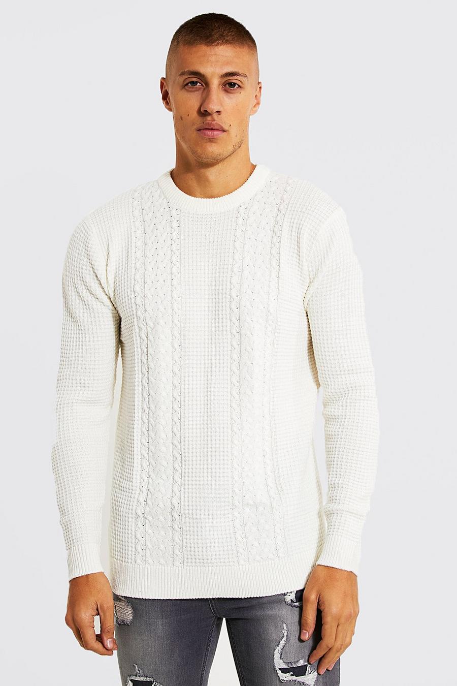 Cream vit Recycled Regular Crew Neck Cable Jumper image number 1