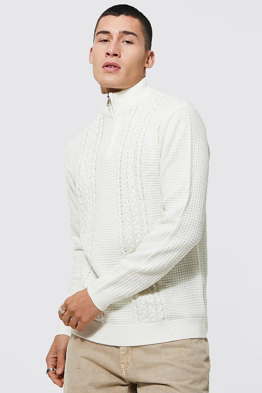 Cream Funnel Neck Zip Chunky Cable Jumper image number 1