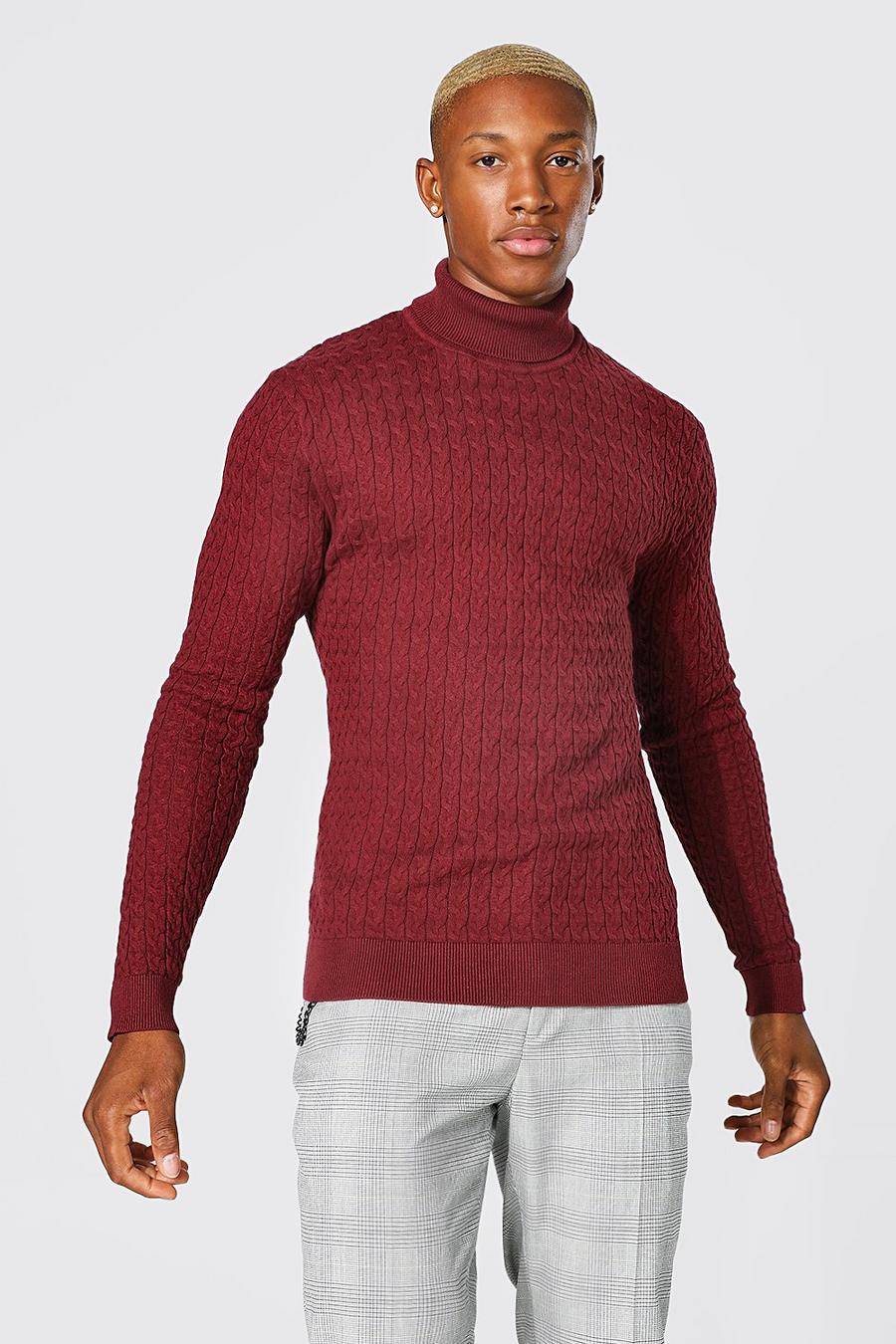Burgundy Cotton Muscle Roll Neck Cable Jumper image number 1