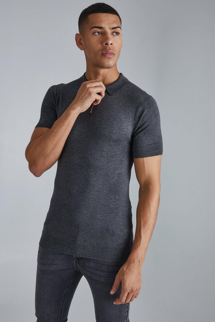 Charcoal grey Recycled Muscle Short Sleeve Half Zip Polo