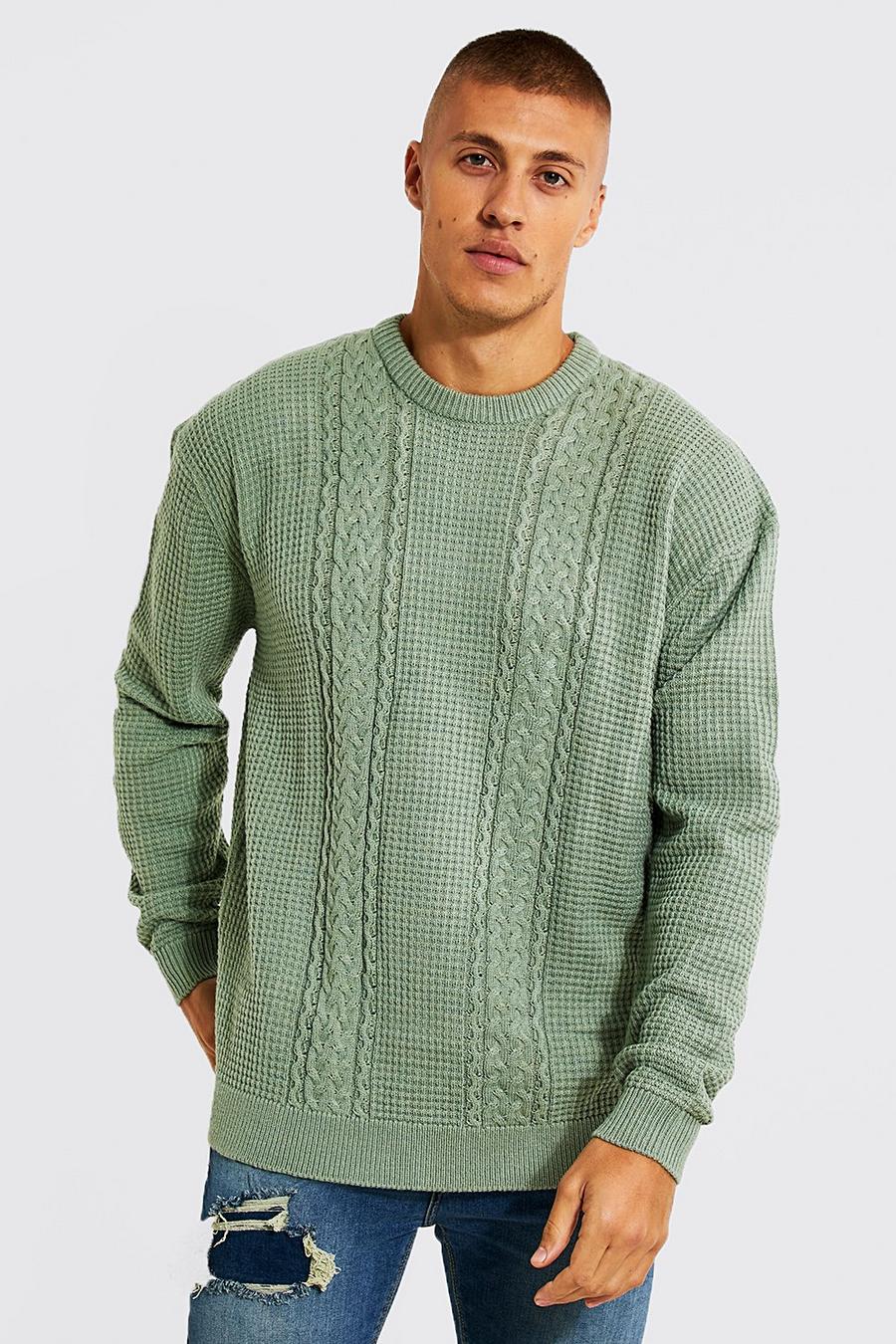 Sage green Recycled Oversized Crew Neck Cable Jumper