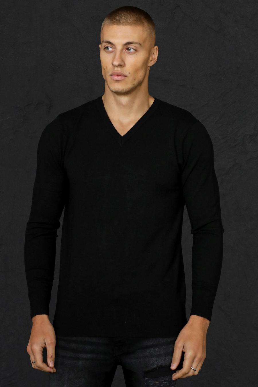 שחור סוודר בגזרה רגילה מבד ממוחזר עם צווארון וי image number 1