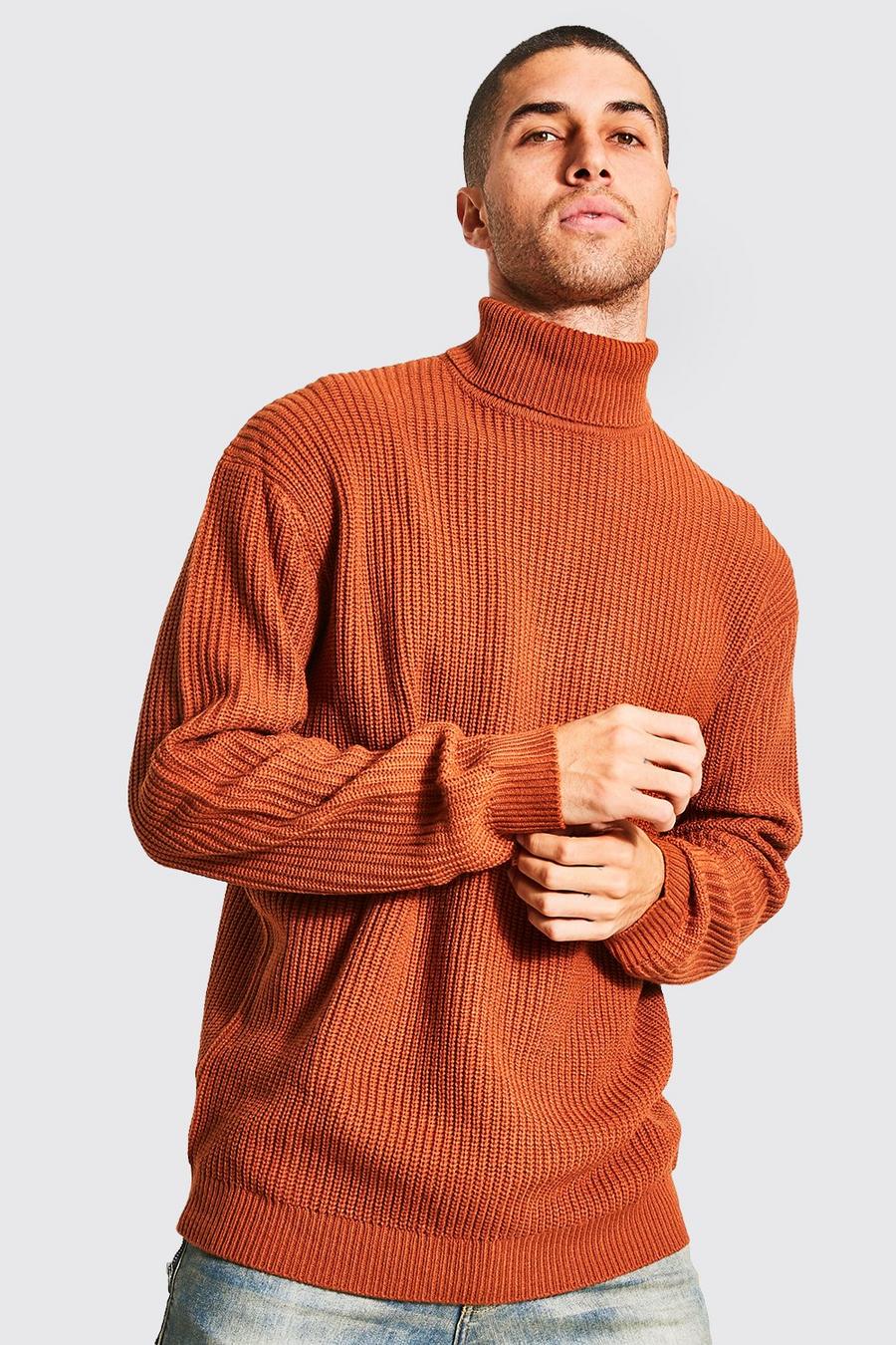 Rust orange Recycled Oversized Roll Neck  Ribbed Jumper