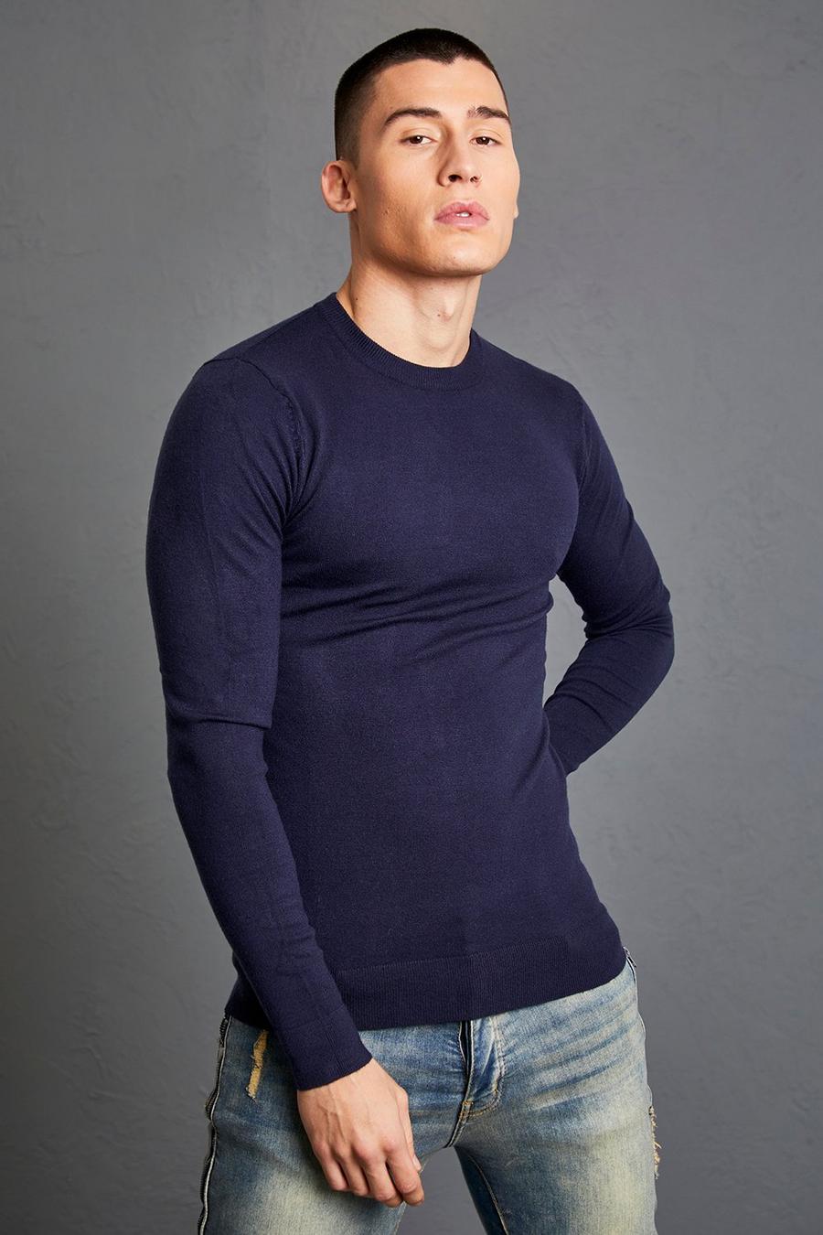 Navy Muscle Crew Neck Jumper image number 1