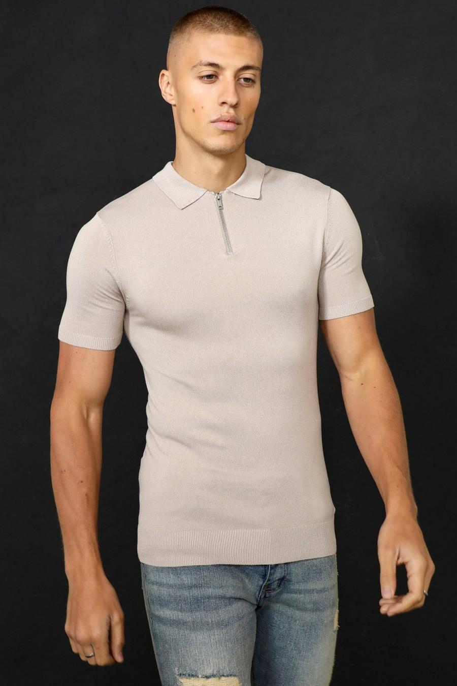 Taupe beige Recycled Muscle Short Sleeve Half Zip Polo