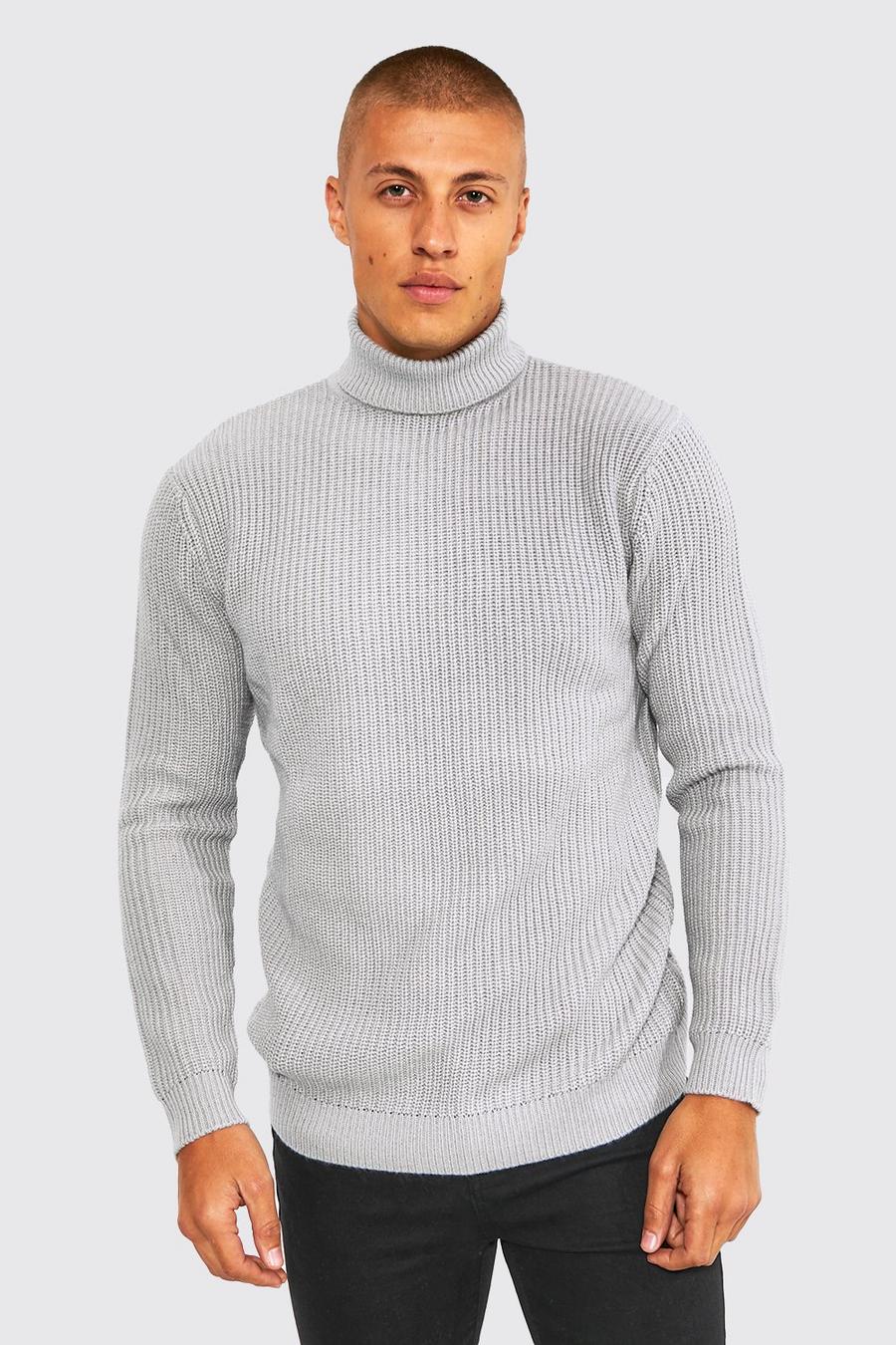Grey marl Roll Neck Chunky Ribbed Jumper image number 1