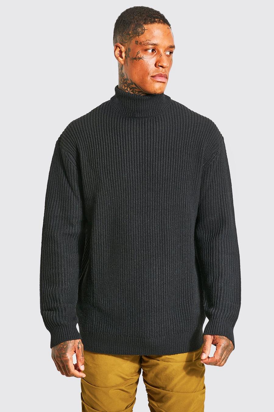 Black סוודר ארוג אוברסייז מבד ממוחזר עם צווארון נגלל image number 1