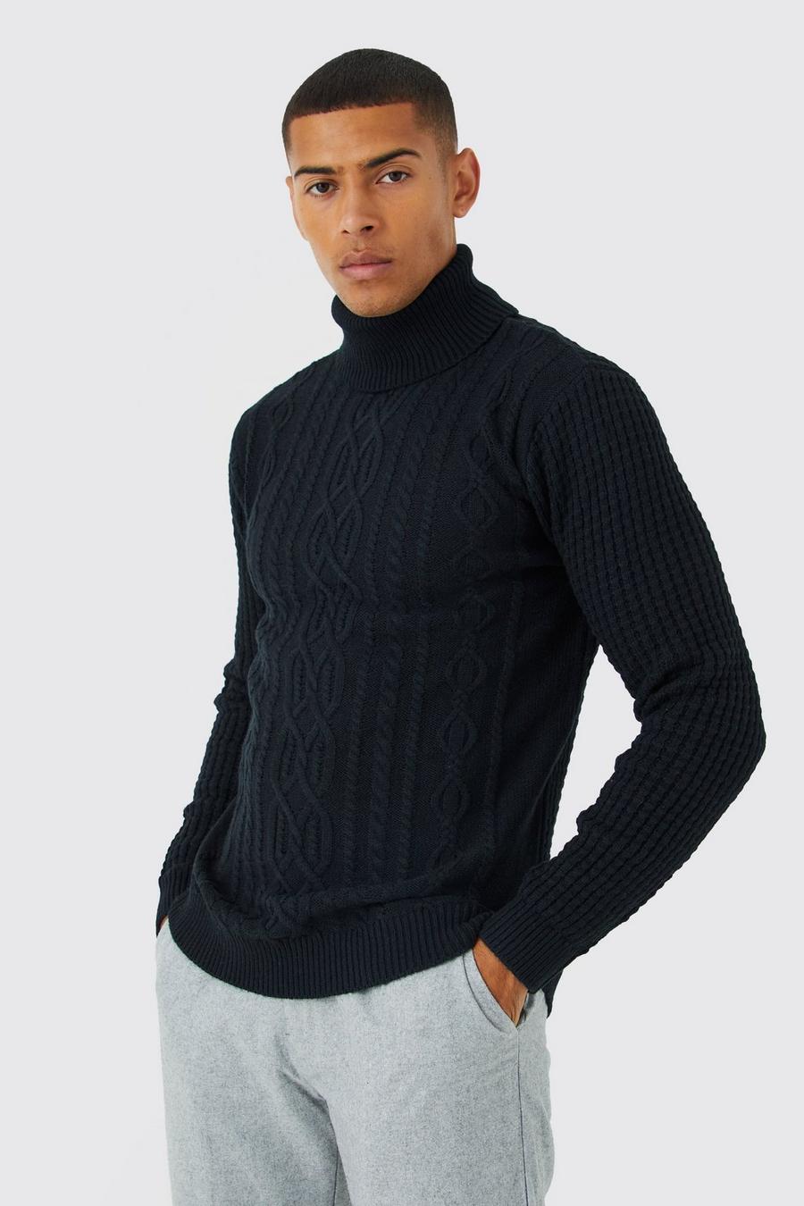 Black Roll Neck Chunky Cable Jumper image number 1