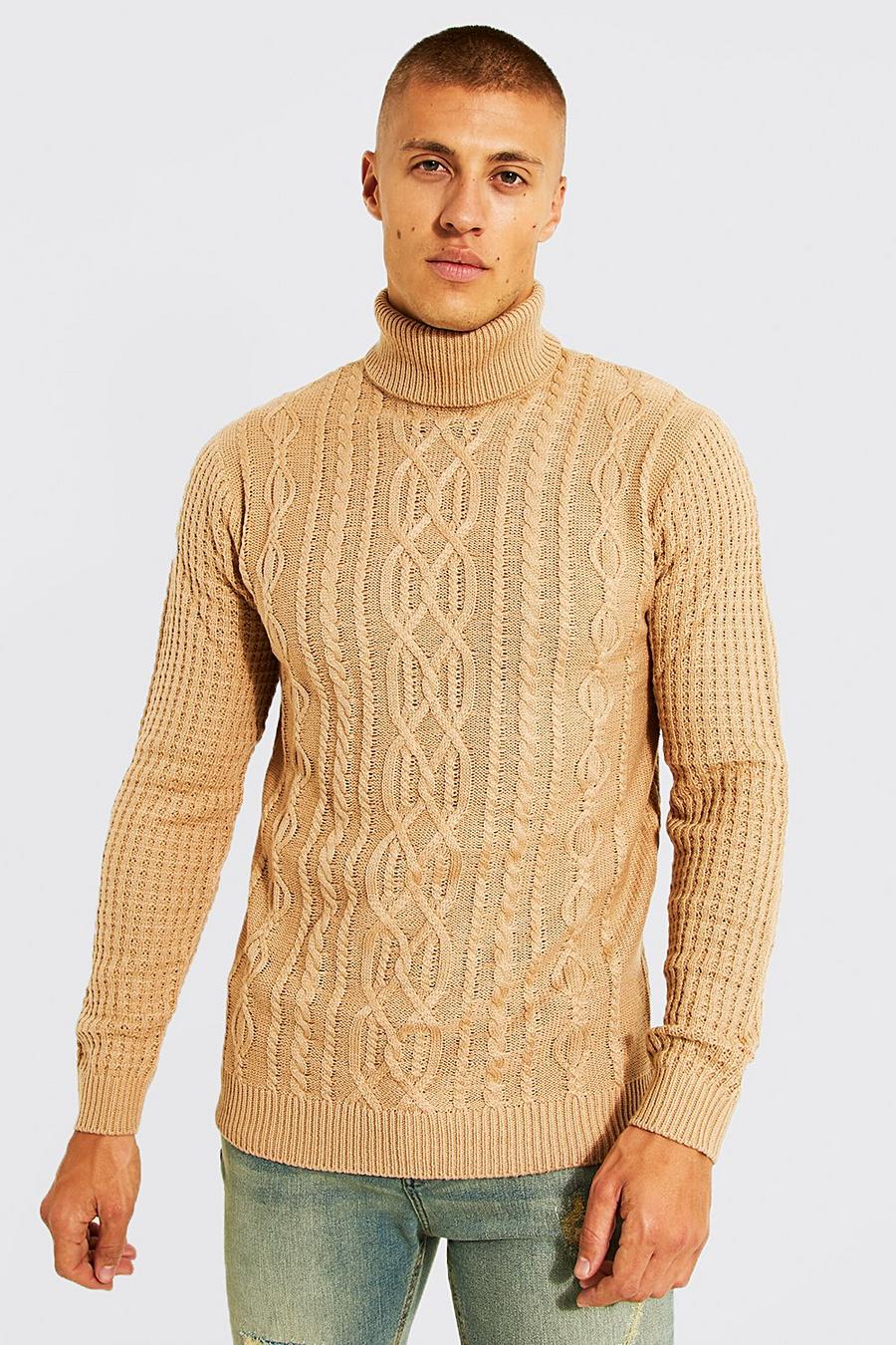 Camel Roll Neck Chunky Cable Jumper image number 1
