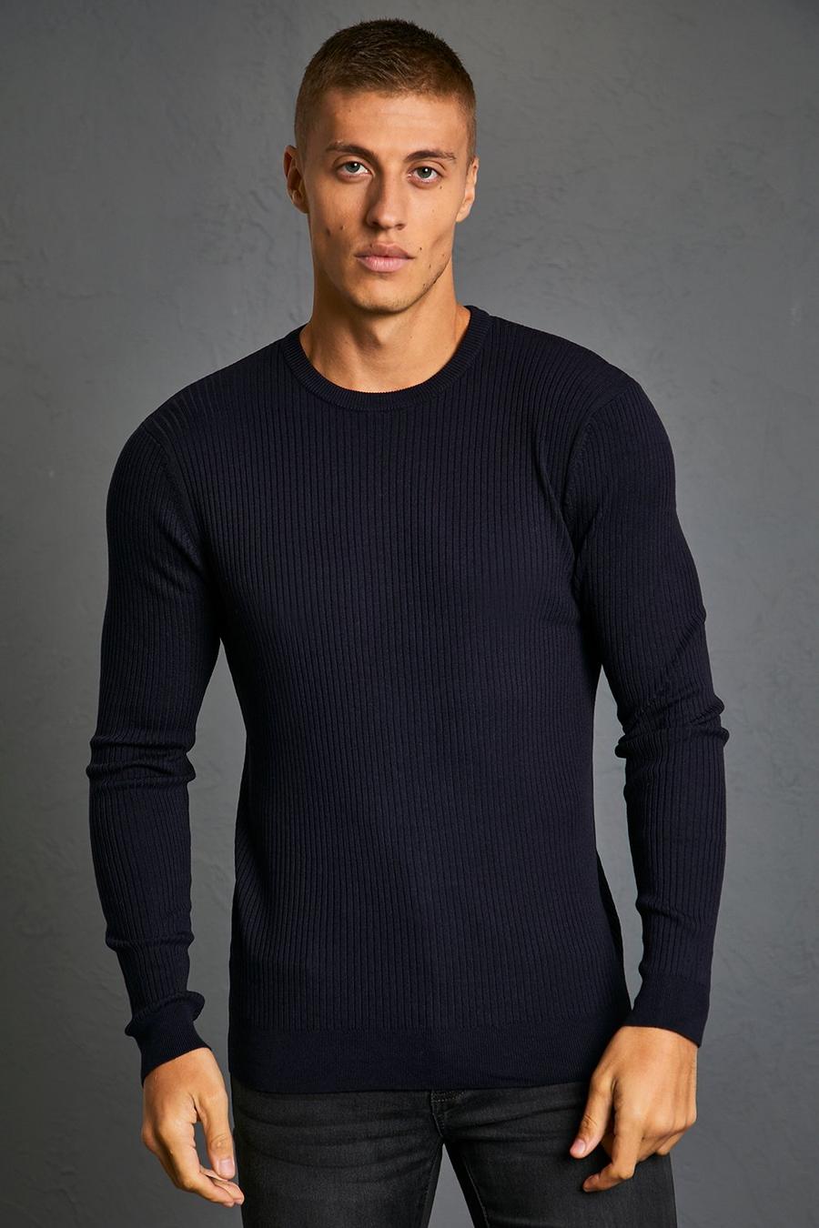 Navy Recycled Regular Crew Neck Ribbed Jumper image number 1