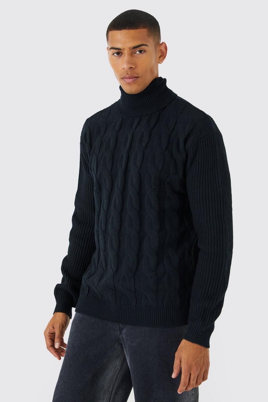Black Recycled Oversized Roll Neck Cable Jumper