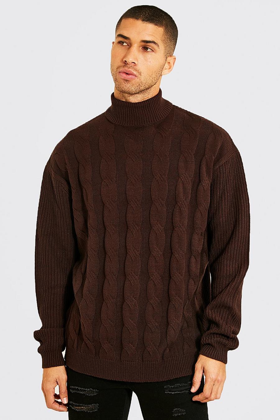 Chocolate Oversized Roll Neck Cable Jumper image number 1