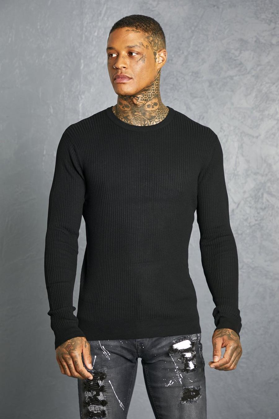 שחור סוודר ארוג מבד ממוחזר בגזרה רגילה עם צווארון עגול image number 1