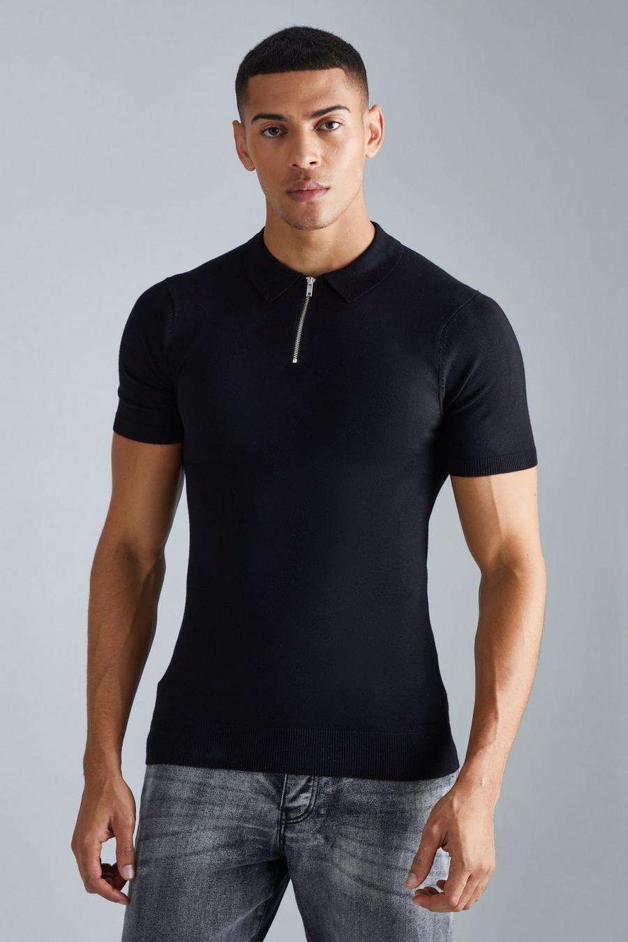 שחור חולצת פולו צמודה קצרה מבד ממוחזר עם רוכסן חלקי