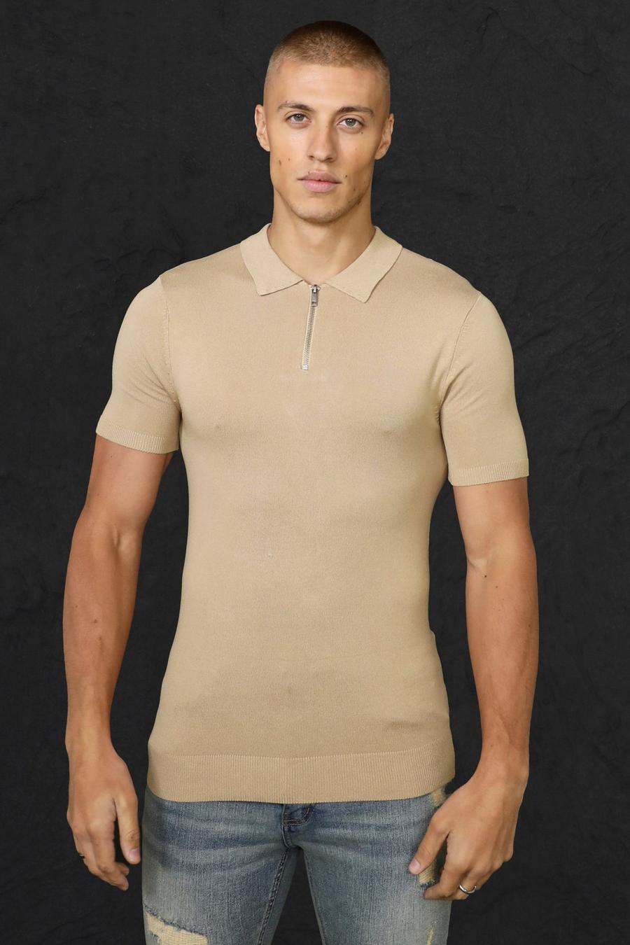 Kurzärmliges Muscle-Fit Poloshirt mit halbem Reißverschluss, Camel image number 1