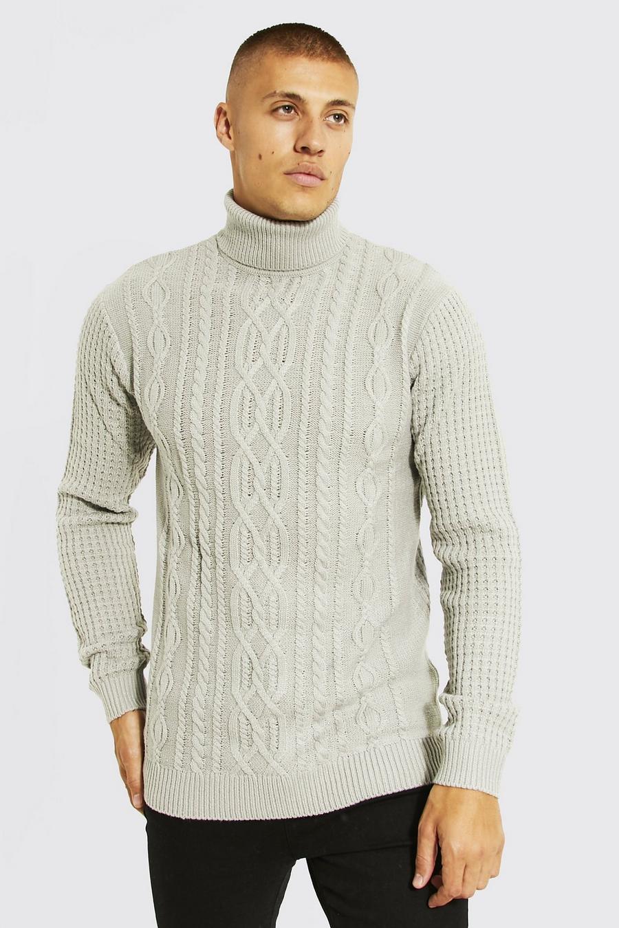 Men's Roll Neck Chunky Cable Jumper | Boohoo UK