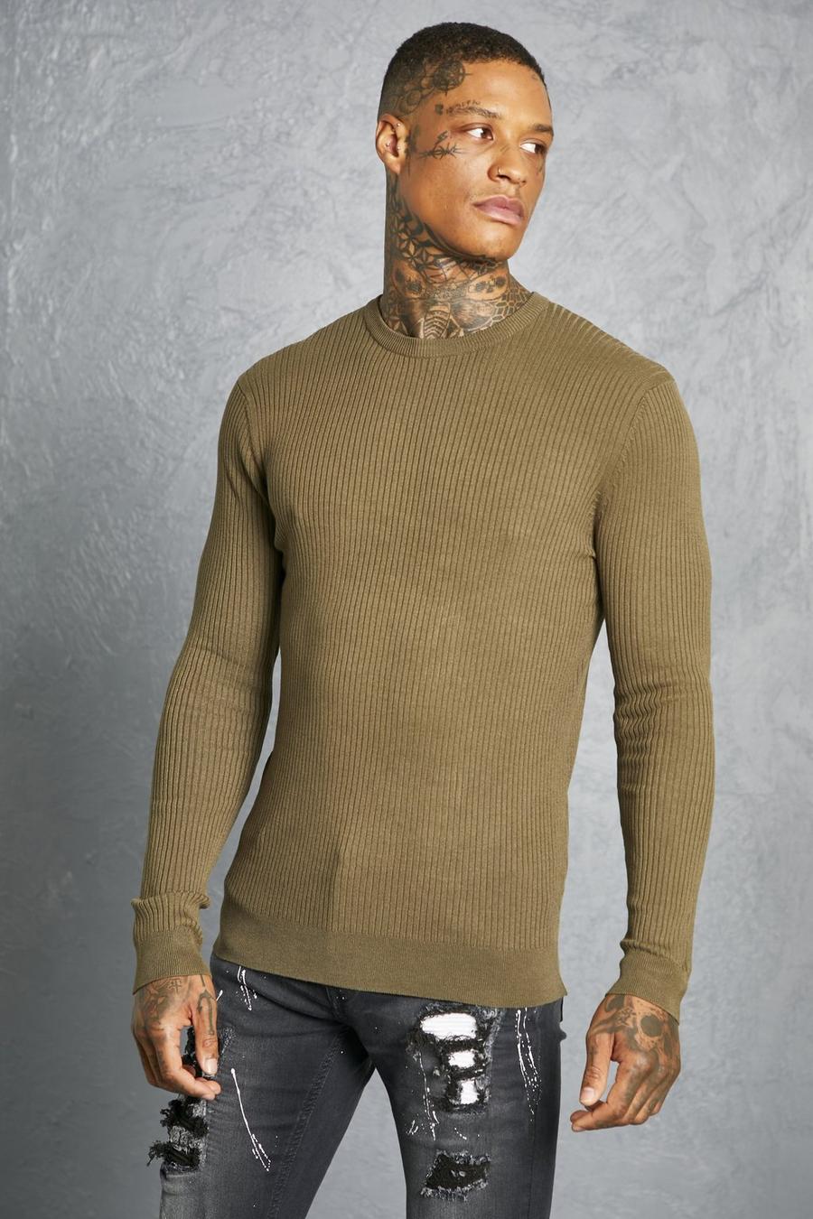 Maglione a girocollo a coste Regular Fit, Khaki image number 1