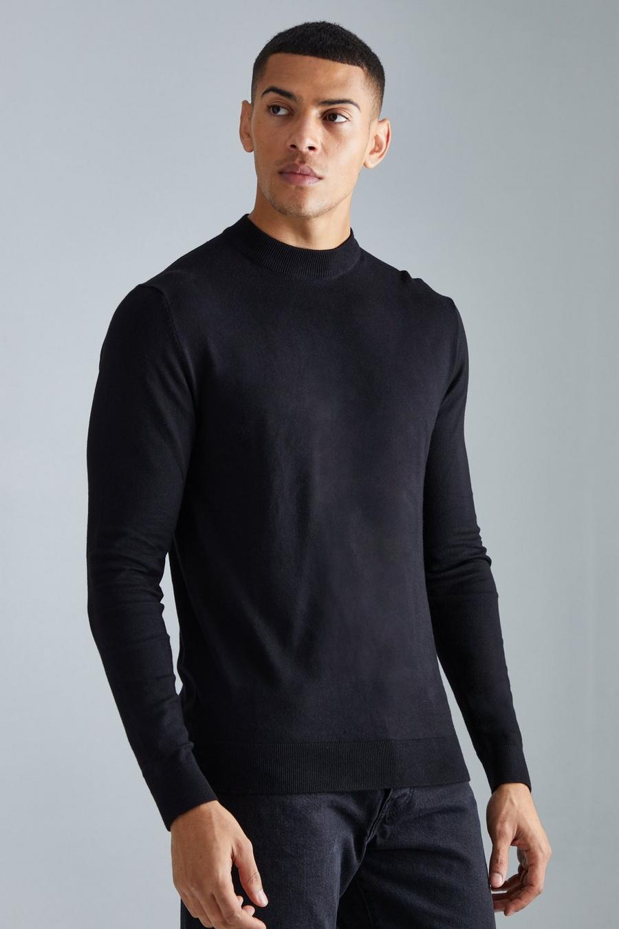 Black nero Muscle Fit Ribbed Extended Neck Jumper