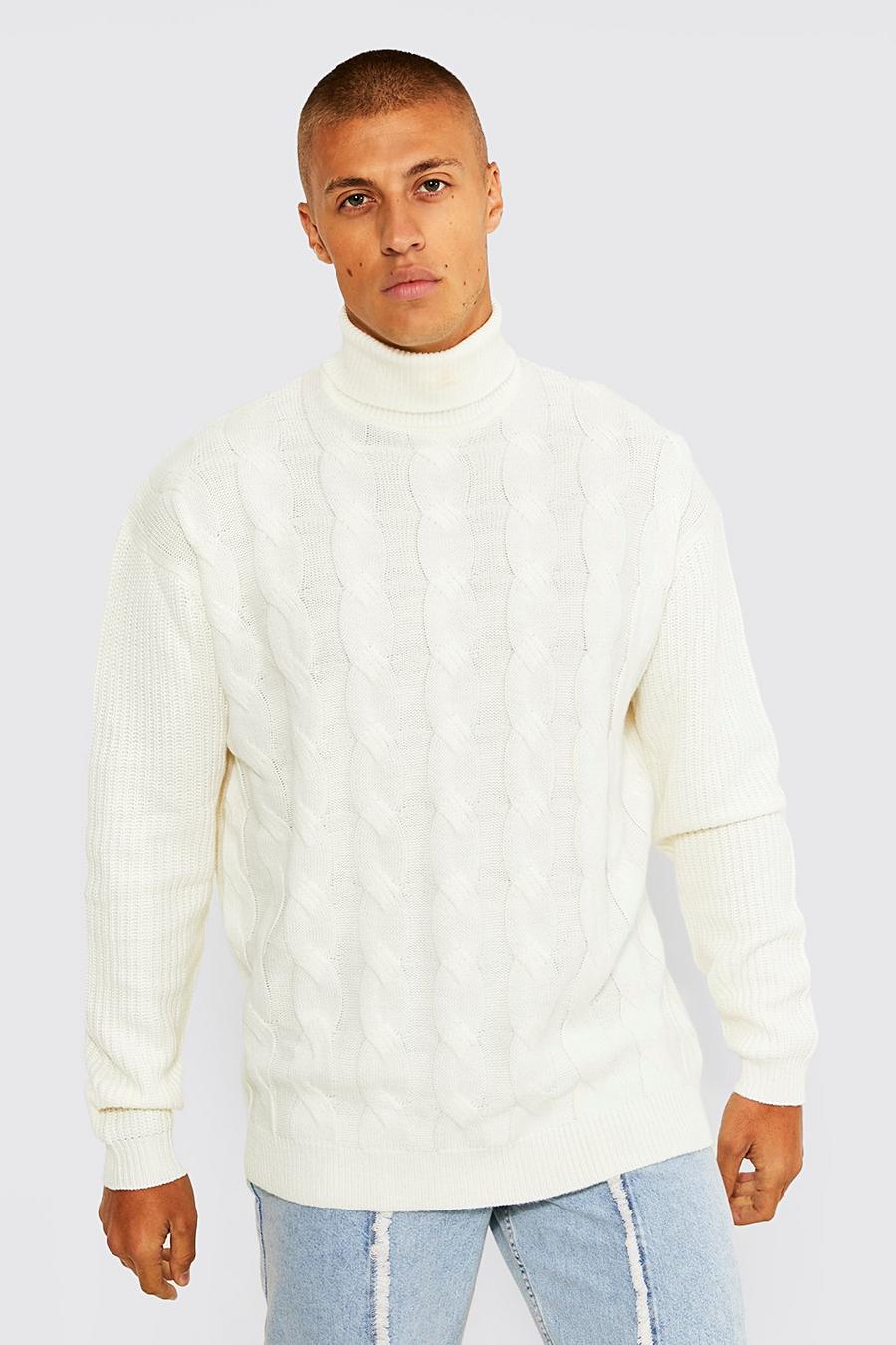 Maglione oversize in maglia intrecciata con collo alto, Cream blanco