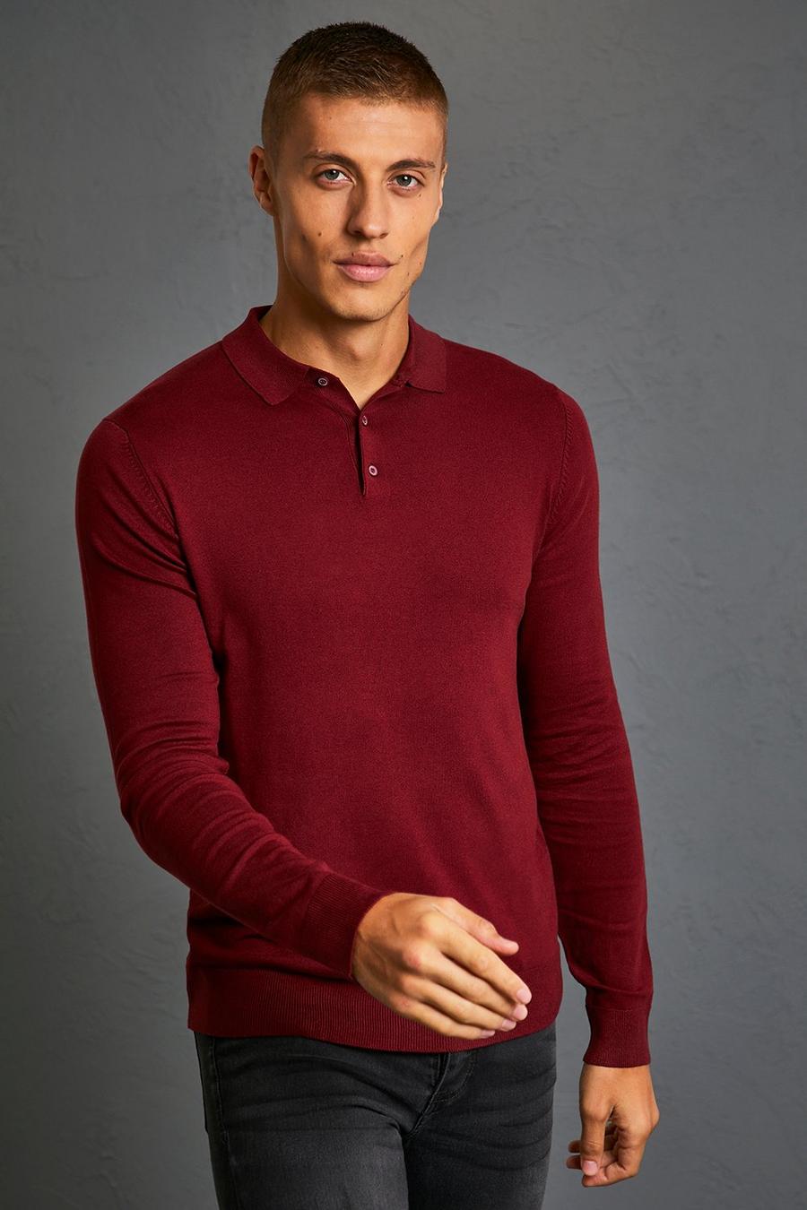 אדום בורגונדי חולצת פולו מבד ממוחזר בגזרה רגילה עם שרוולים ארוכים image number 1