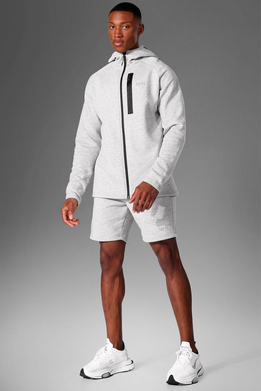 Man Active Hoodie mit Taschendetail & Shorts, Grey marl image number 1