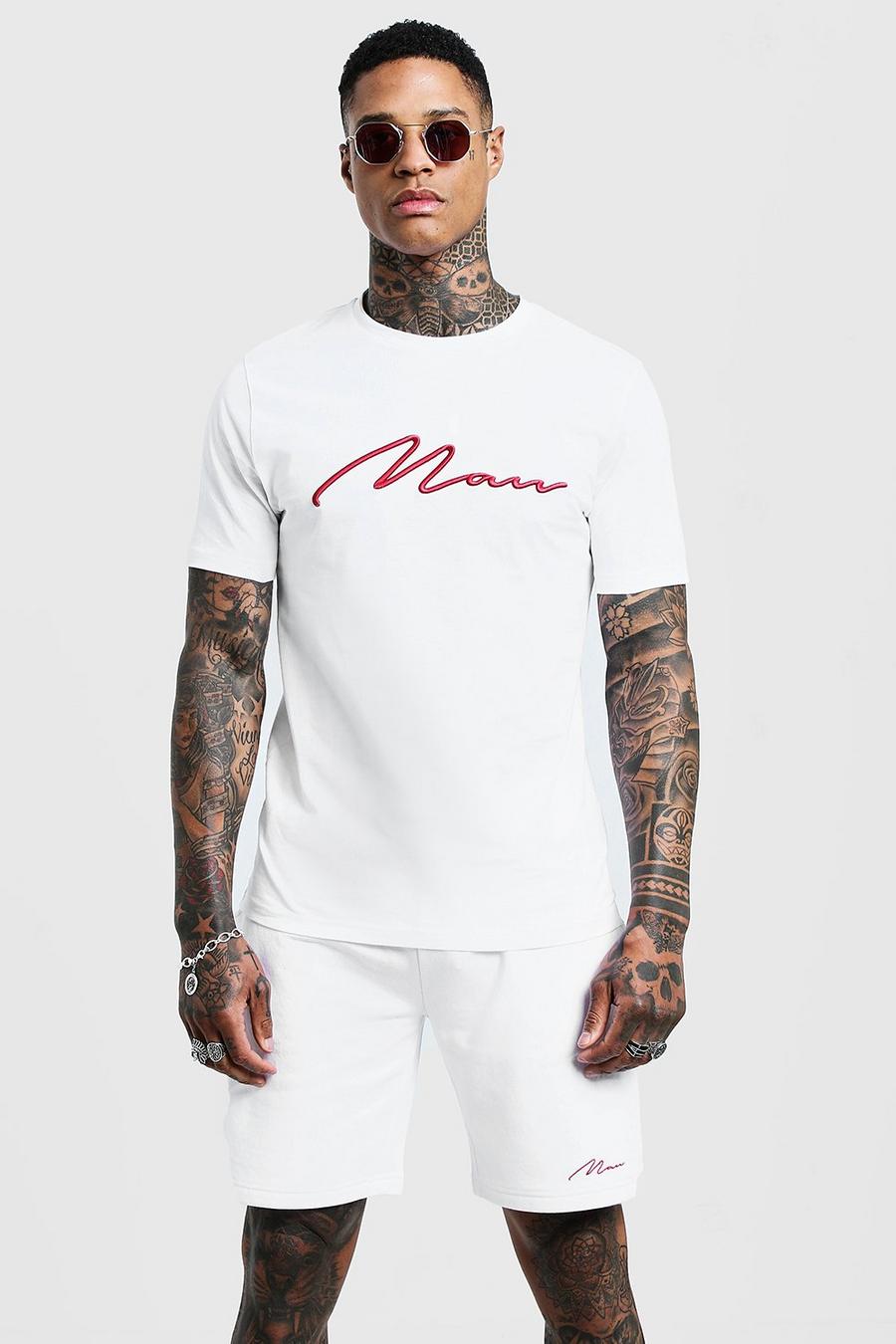 White 3D MAN Embroidered T-Shirt & Short Set image number 1