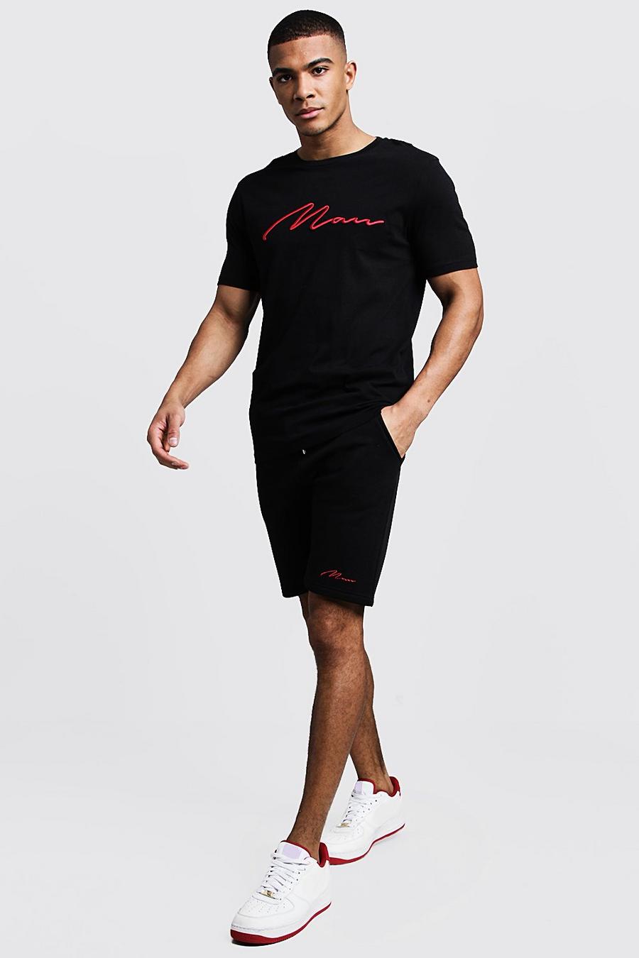 Black MAN T-shirt och shorts med 3D-brodyr image number 1