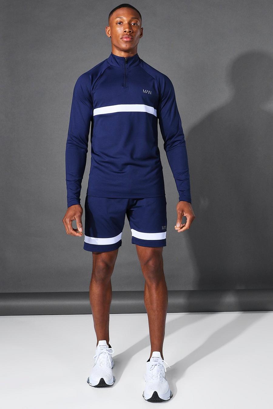 Man Active Shorts-Set mit Raglanärmeln und Kontraststreifen, Marineblau image number 1