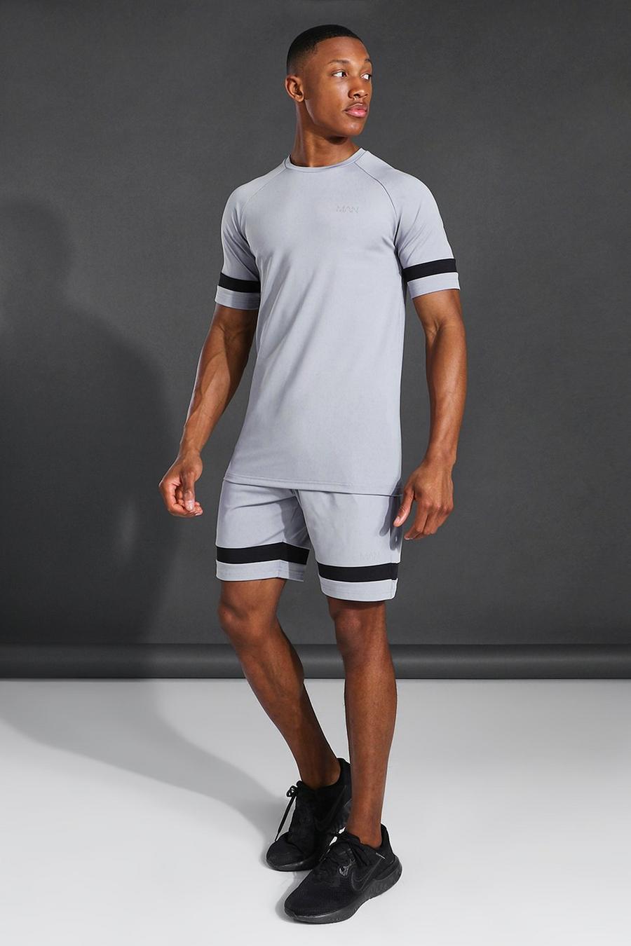 Grey MAN Active T-shirt med raglanärm och shorts med ränder i kontrastfärg image number 1