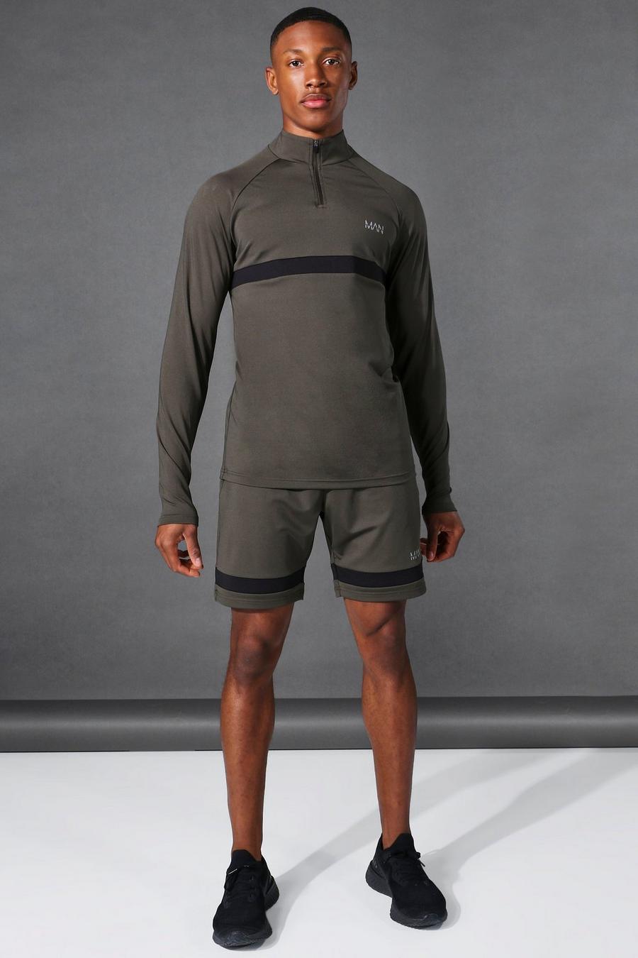 Man Active Shorts-Set mit Raglanärmeln und Kontraststreifen, Khaki image number 1