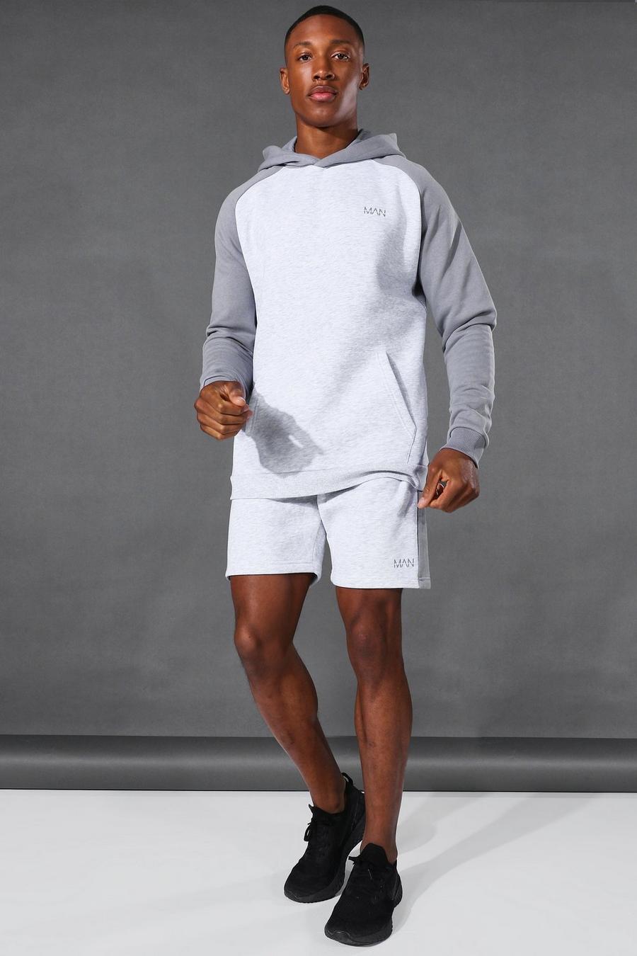 Grey marl MAN Active Hoodie och shorts med blockfärger image number 1