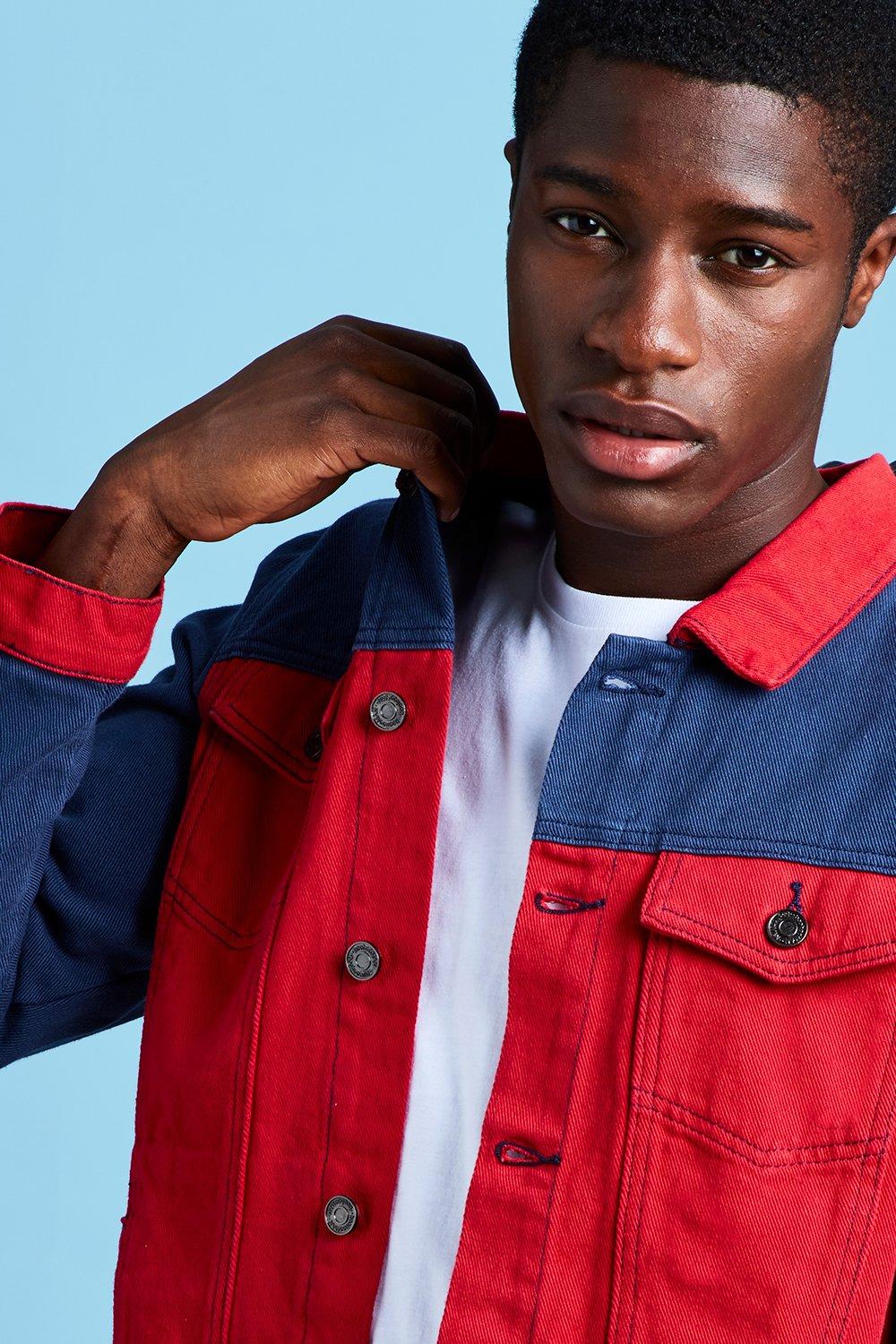 Colour block denim outlet jacket mens