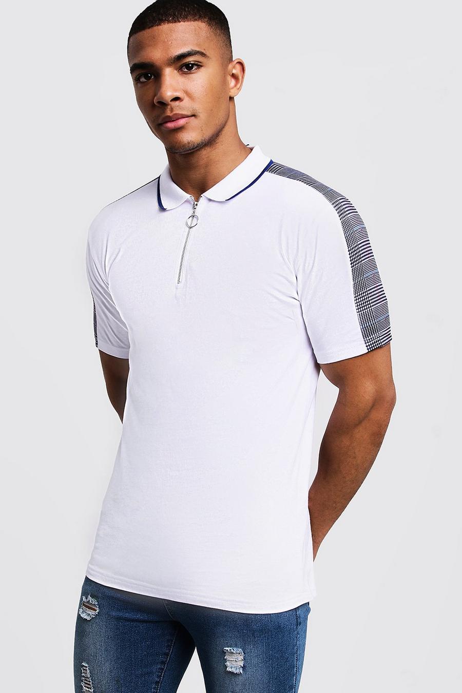 White Muscle Fit Zip Through Polo With Checked Shoulder image number 1