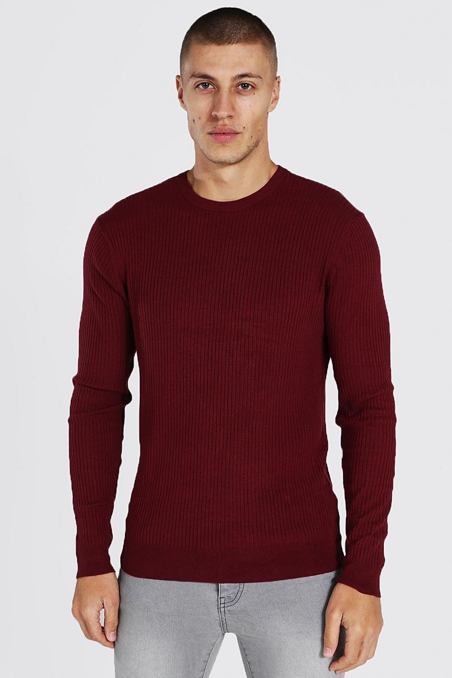 Maglione a girocollo a coste Regular Fit, Burgundy image number 1