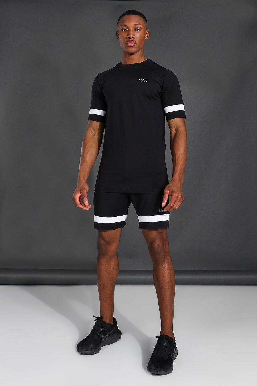 Black MAN Active T-shirt med raglanärm och shorts med ränder i kontrastfärg image number 1