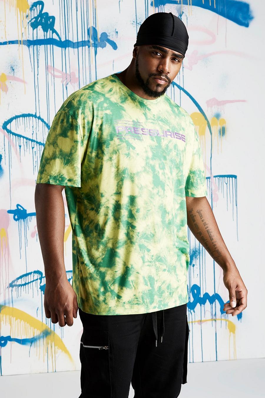 Big & Tall T-Shirt in Batik-Optik mit Quavo-Slogan, Limettengrün image number 1