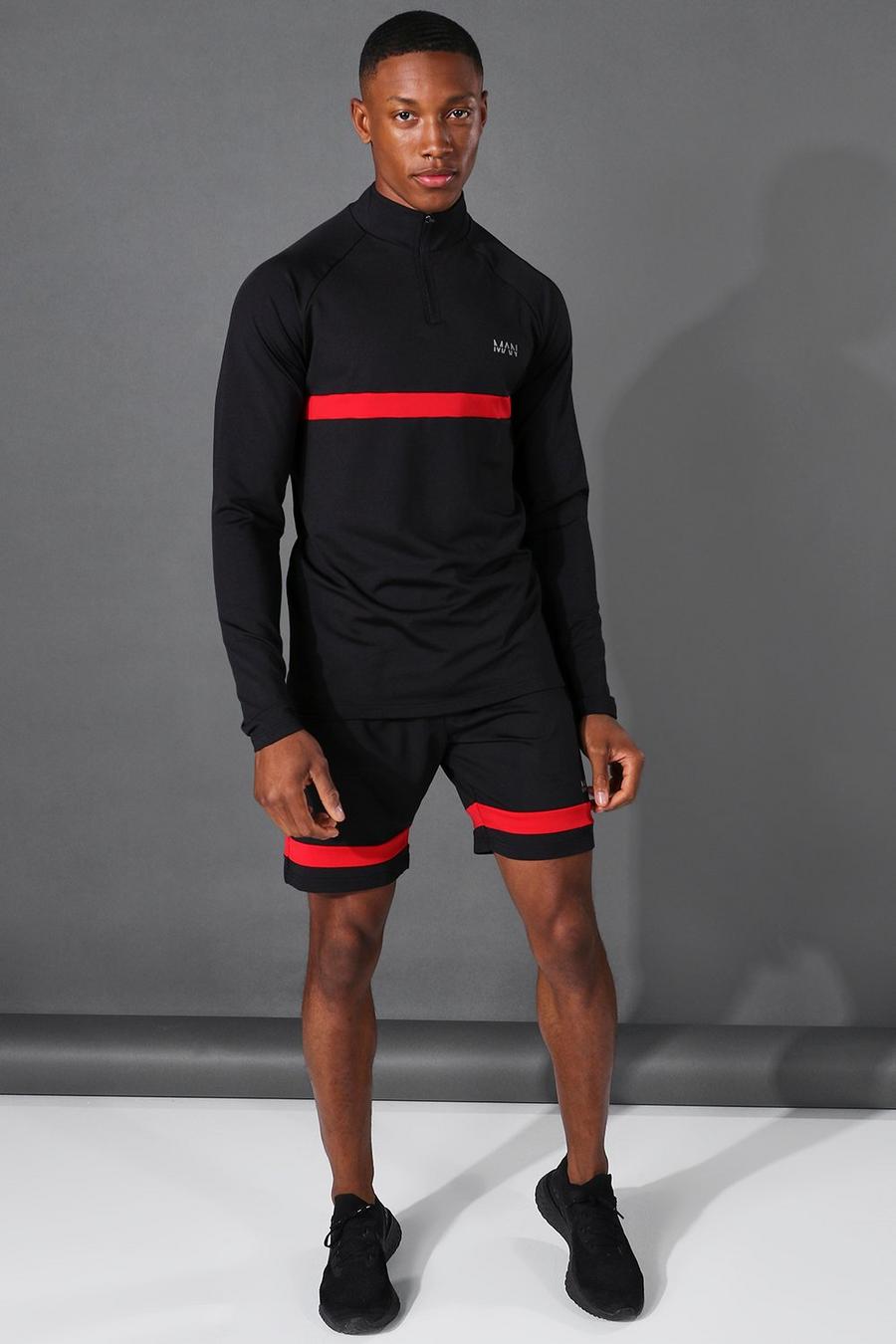 שחור סט קצר ספורטיבי רגלן עם פס Man בצבע מנוגד image number 1