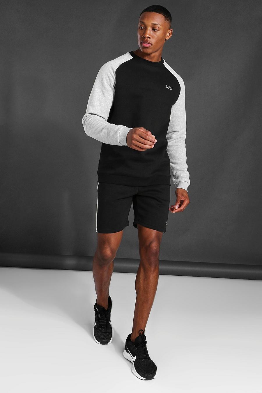 Man Active Shorts-Set mit Sweatshirt mit Colorblock, Schwarz image number 1